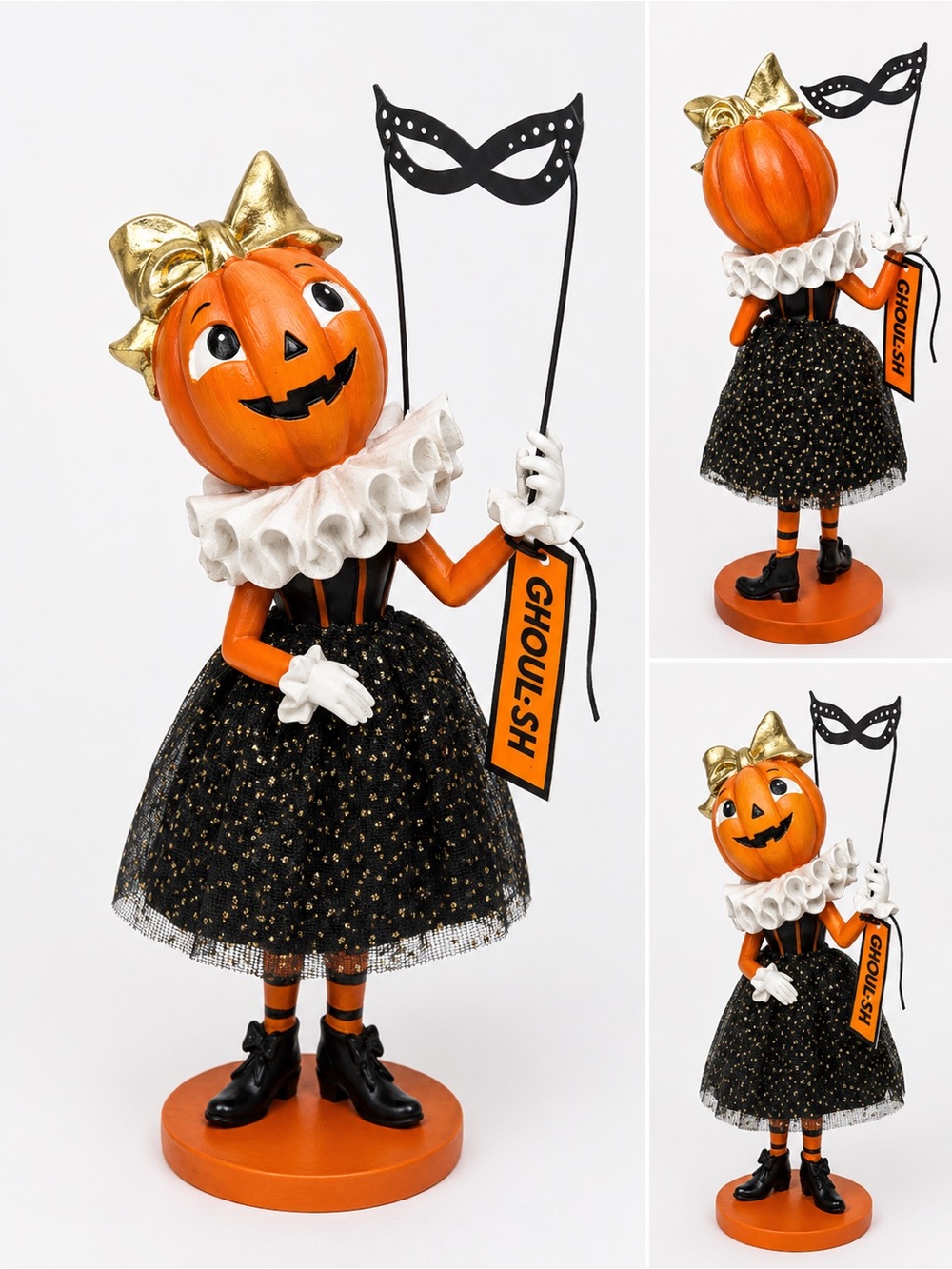 Ghoulish Pumpkin Queen Figurine Orange Black Gold Bow, Black Mask, New With Tags